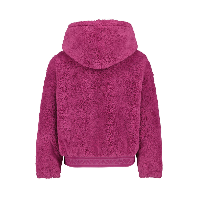 Back view of a magenta Roxy Girls’ Minky Hoodie featuring a plush pullover design and a patterned elastic hem.
