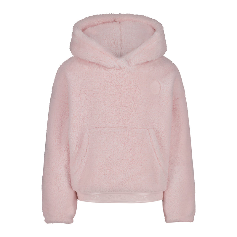 Roxy Sparkle Minky Hoodie in Barely Pink, a light pink hooded sweatshirt in a cozy, plush fleece material with a front kangaroo pocket.