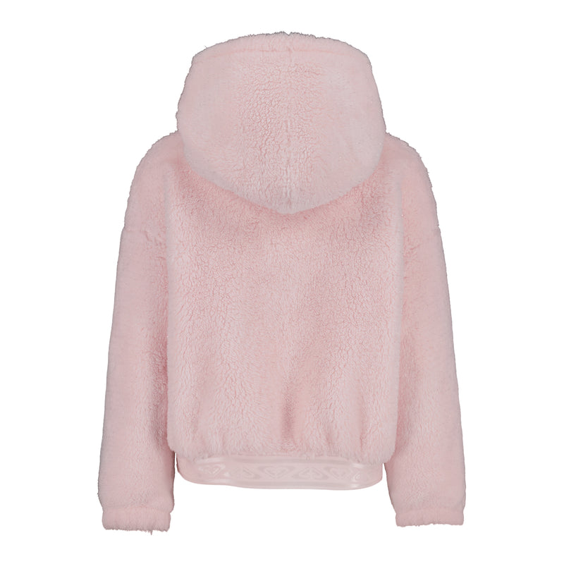 Back view of a light pink Roxy Sparkle Minky Hoodie, featuring a plush, fuzzy texture and a banded hem.