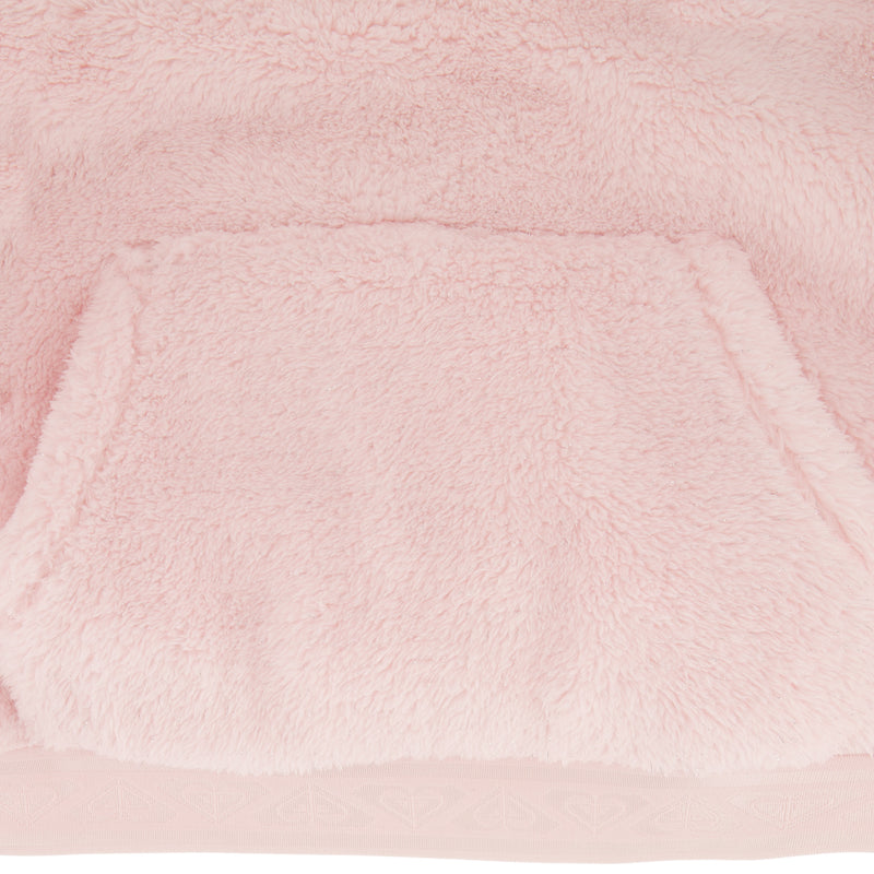 Close-up of a pale pink, plush Roxy Sparkle Minky Hoodie in minky fabric, featuring a front kangaroo pocket and a tonal ribbed hem.
