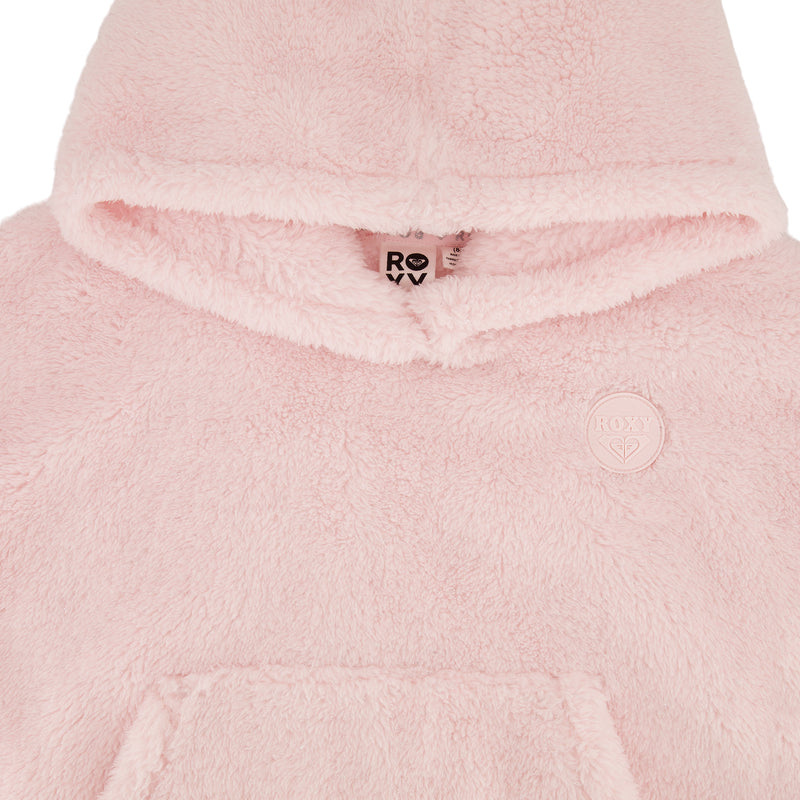 A pale pink, plush Roxy Sparkle Minky Hoodie made of fuzzy material with a circular logo patch on the chest.
