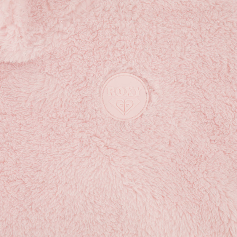 Close-up of a pink Sparkle Minky Hoodie with a circular Roxy branded patch in the center.
