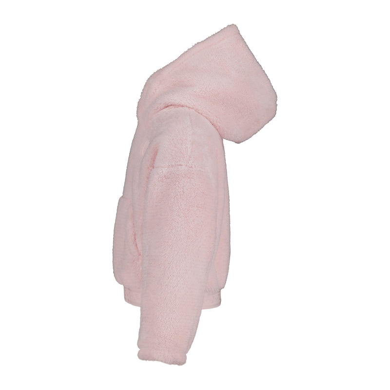 Side view of a light pink, fuzzy, textured Roxy Sparkle Minky Hoodie.