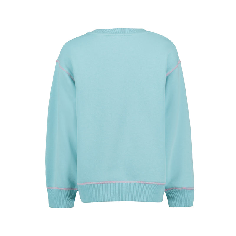Girls’ Have A Swell Day Crew light blue, oversized pullover crewneck sweatshirt with visible light purple stitching at the seams.