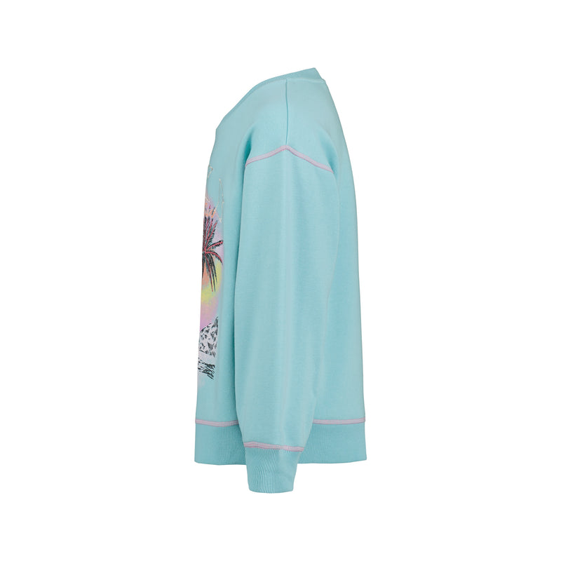 Side view of a light blue Roxy Girls’ Have A Swell Day Crew sweatshirt featuring a tropical palm tree graphic on the front and pink trim along the seams.