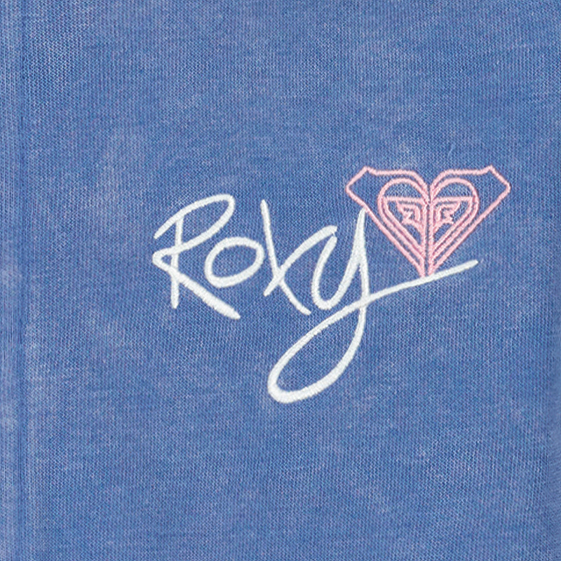 The Roxy Girls' Dream Oasis Half Zip Hoodie is a blue cotton-poly fleece with "Roxy" in white script and a pink heart logo above the last letter.