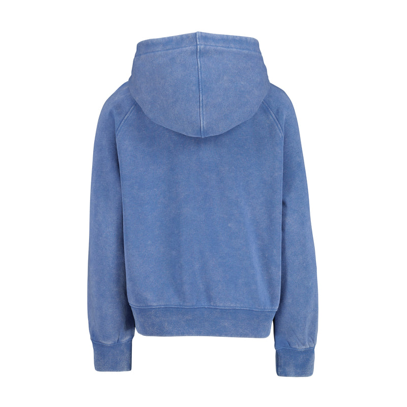 A back view of the Roxy Girls' Dream Oasis Half Zip Hoodie in blue, featuring long sleeves, ribbed cuffs, and a cozy kangaroo pocket, displayed against a plain white background.