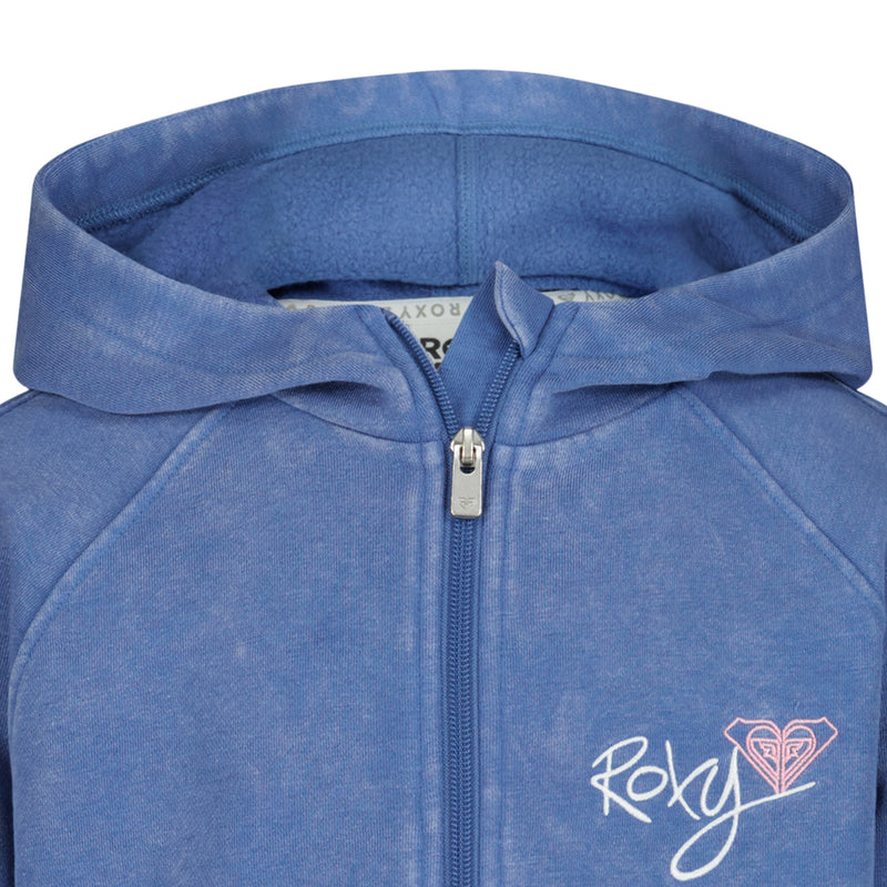A close-up of the Girls' Dream Oasis Half Zip Hoodie by Roxy, featuring a blue design with the Roxy logo and pink heart on the left chest, made from soft cotton-poly fleece and finished with a handy kangaroo pocket for comfort.