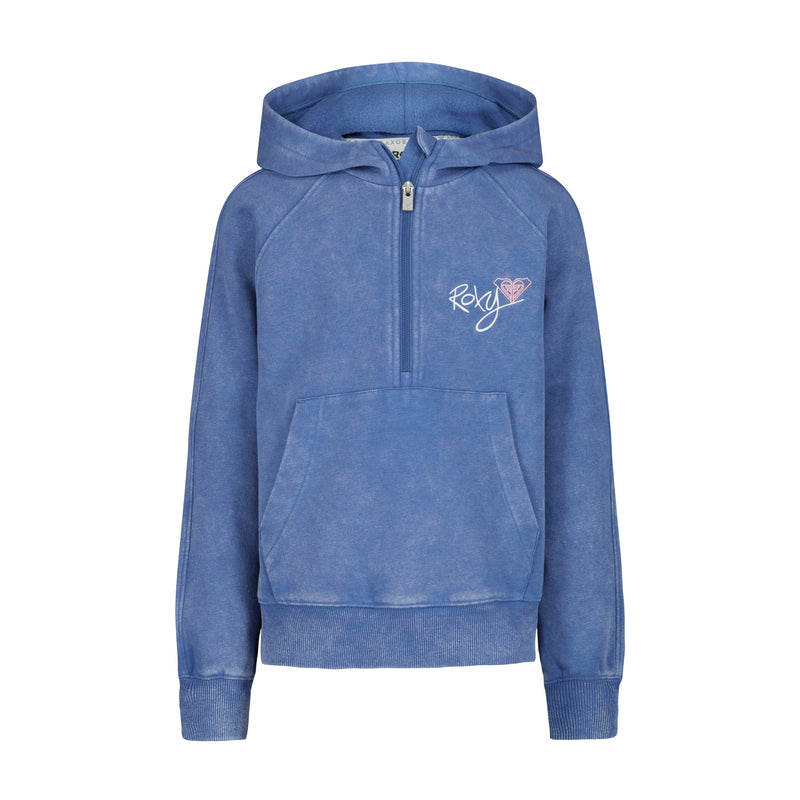 The Girls' Dream Oasis Half Zip Hoodie by Roxy features a front kangaroo pocket, heart logo on the chest, and ribbed cuffs. Made from soft cotton-poly fleece, this blue pullover offers a relaxed fit for everyday comfort.