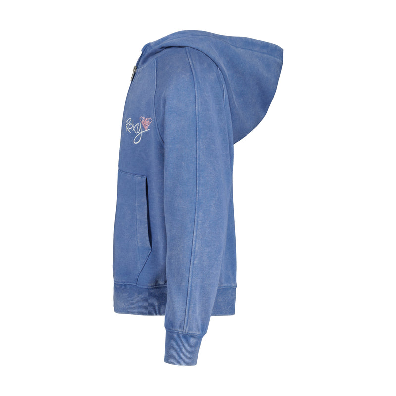 Side view of the Roxy Girls' Dream Oasis Half Zip Hoodie in blue cotton-poly fleece, featuring a hood, kangaroo pocket, ribbed cuffs and hem, and a small embroidered white and pink heart with script on the upper chest.
