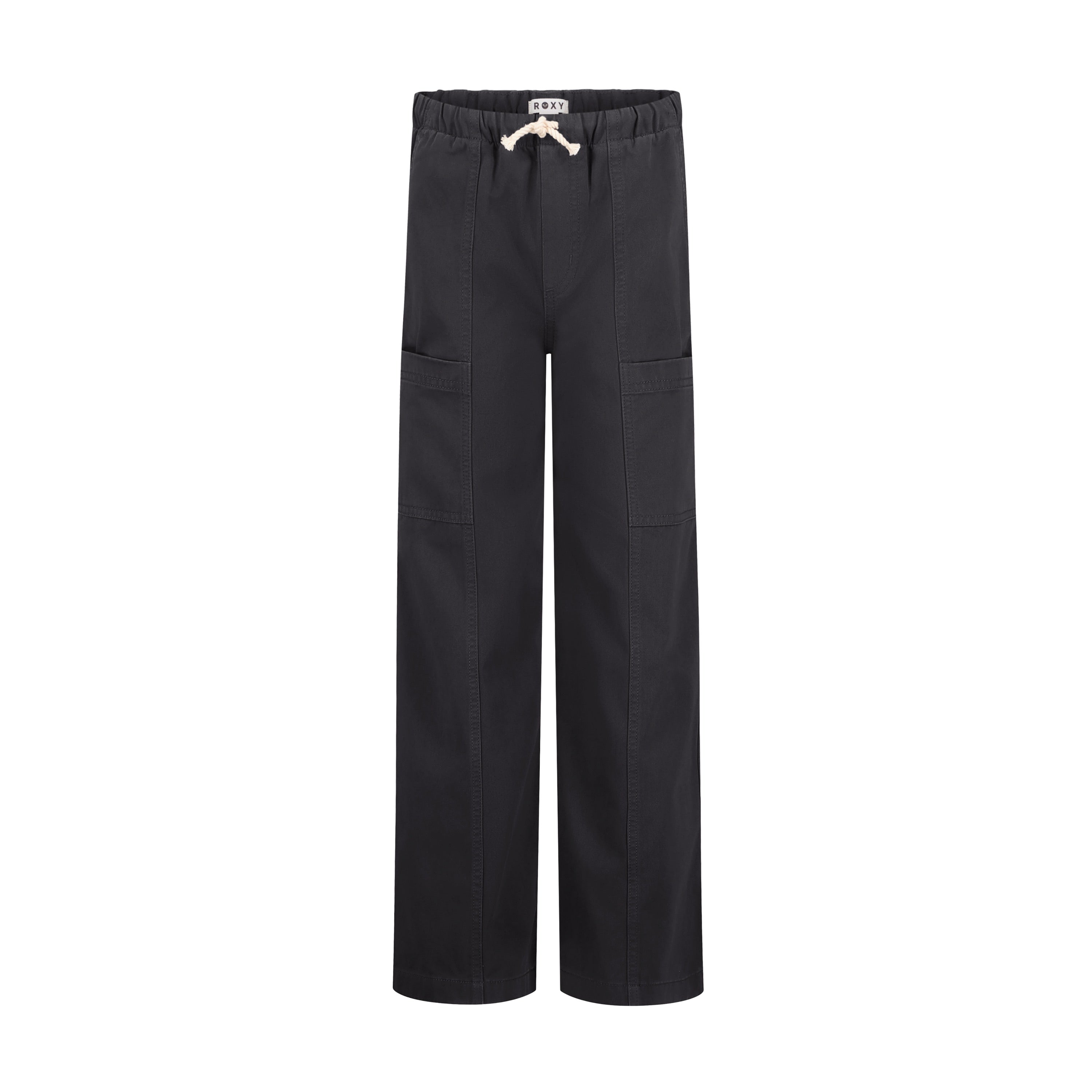 The Roxy Girls' Precious Cargo Pant features a relaxed fit and straight-leg style in cotton canvas twill with an elastic waistband, white drawstring, and large front patch pockets, shown on a white background.