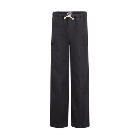 The Roxy Girls' Precious Cargo Pant features a relaxed fit and straight-leg style in cotton canvas twill with an elastic waistband, white drawstring, and large front patch pockets, shown on a white background.
