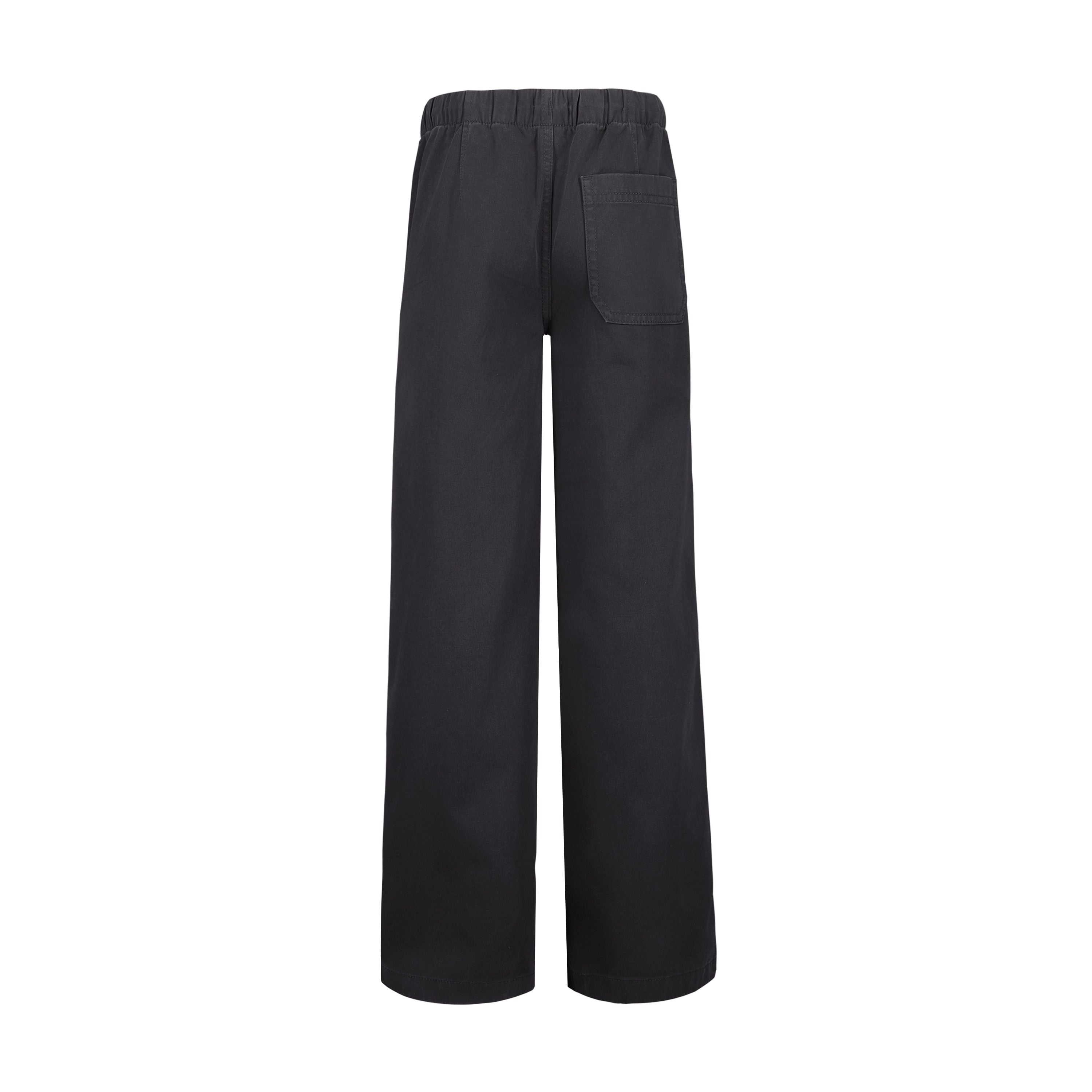 The Girls' Precious Cargo Pant by Roxy is shown from the back in cotton canvas twill. These black, wide-leg pants have a relaxed fit, an elastic waistband, and a single right patch pocket, displayed against a white background.