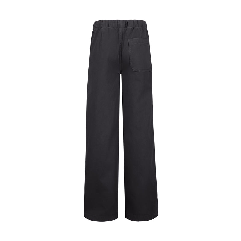 The Girls' Precious Cargo Pant by Roxy is shown from the back in cotton canvas twill. These black, wide-leg pants have a relaxed fit, an elastic waistband, and a single right patch pocket, displayed against a white background.