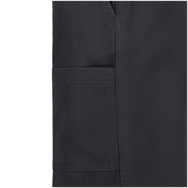 Close-up of Roxy Girls' Precious Cargo Pant in dark gray, showing a pocket and stitched triangular logo. Made from durable cotton canvas twill, it offers a relaxed fit for comfortable everyday wear and practical utility.