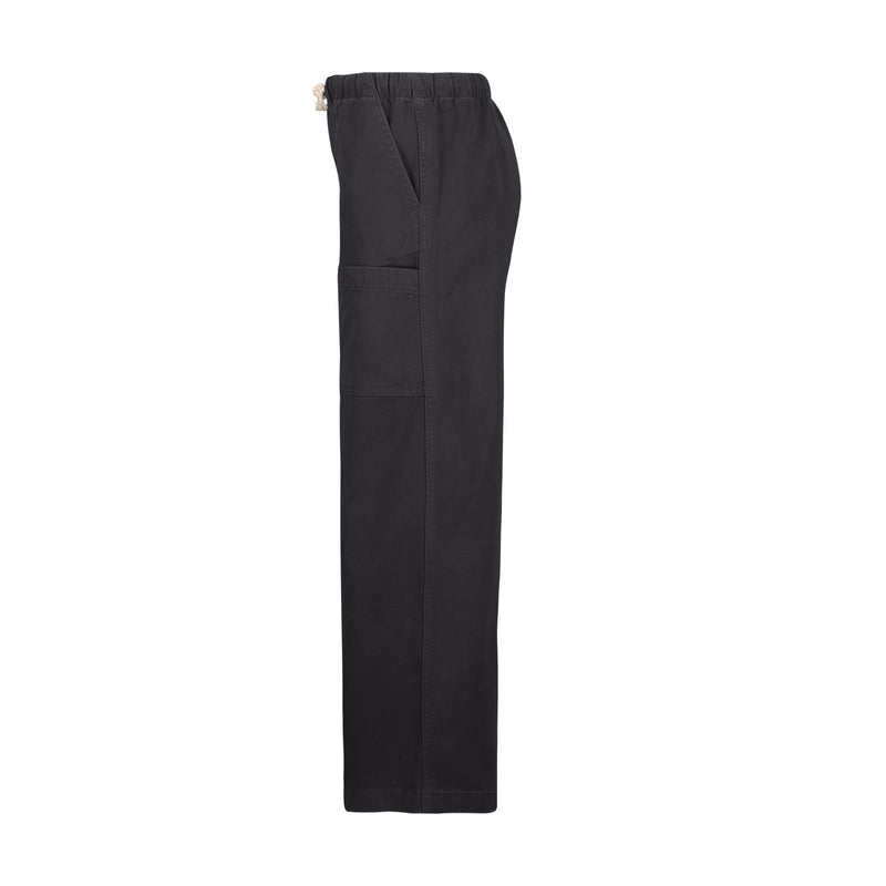 Side view of the Roxy Girls' Precious Cargo Pant in black cotton canvas twill, featuring an elastic waistband, side pockets, and a relaxed fit, shown against a white background.