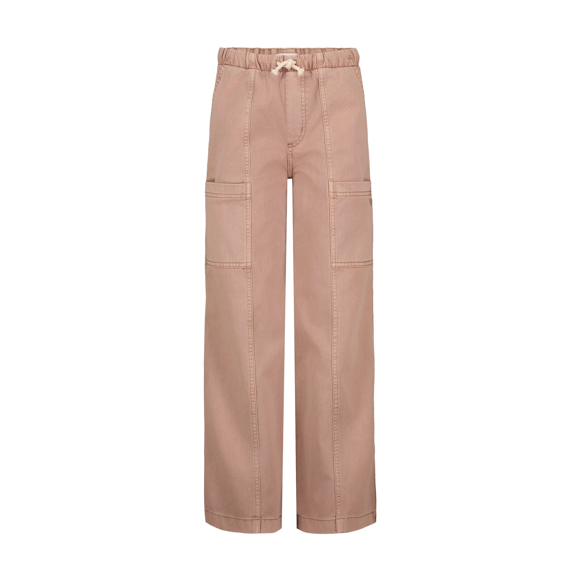 The Roxy Girls' Precious Cargo Pant in rose pink features a relaxed wide-leg cut, elastic drawstring waistband, visible stitching, and large front patch pockets, crafted from cotton canvas twill and shown on a white background.