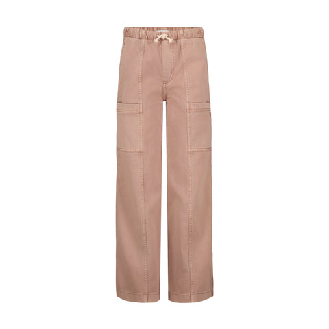 The Roxy Girls' Precious Cargo Pant in rose pink features a relaxed wide-leg cut, elastic drawstring waistband, visible stitching, and large front patch pockets, crafted from cotton canvas twill and shown on a white background.