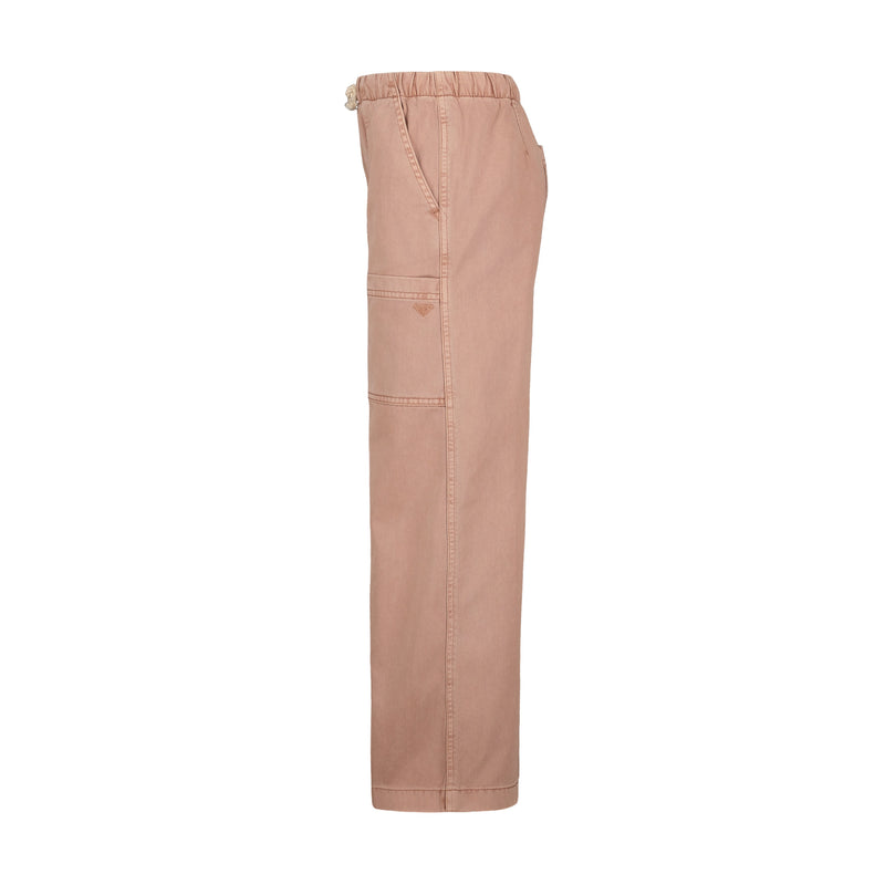 Side view of Roxy Girls' Precious Cargo Pant in relaxed fit, light brown, with an elastic waistband, side pockets, and a stitched heart on the thigh, shown against a white background.