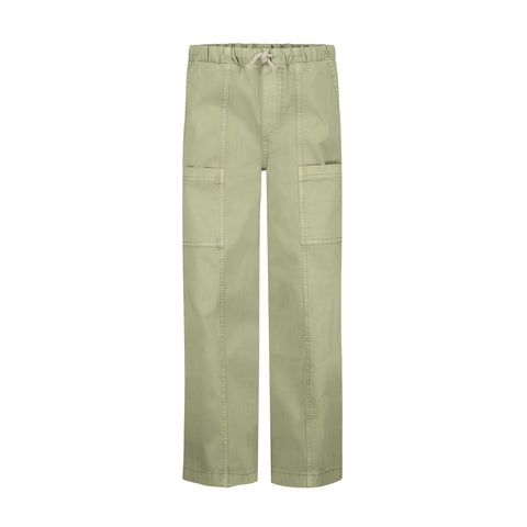 The Girls' Precious Cargo Pant by Roxy features a light green cotton canvas twill in a relaxed fit, with an elastic drawstring waistband and large front patch pockets, shown on a plain white background.