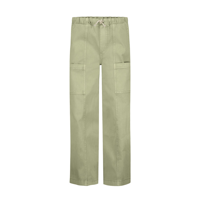 The Girls' Precious Cargo Pant by Roxy features a light green cotton canvas twill in a relaxed fit, with an elastic drawstring waistband and large front patch pockets, shown on a plain white background.