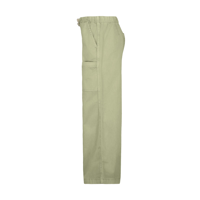 The Roxy Girls' Precious Cargo Pant in light olive green features a relaxed fit, elastic waistband, two front pockets, and a cargo pocket on the thigh. Made from cotton canvas twill and shown on a white background.