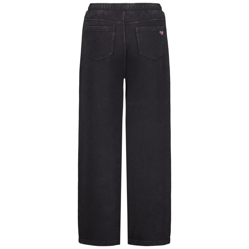 Back view of Roxy Girls' Jump Start Jogger in black cotton fleece, featuring wide legs, an elastic waist, two back pockets, and a small pink logo on the right pocket.