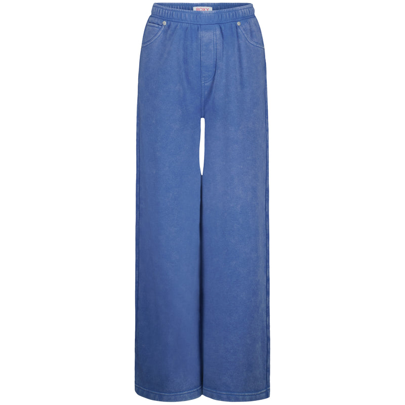 The Roxy Girls' Jump Start Jogger features a relaxed, loose fit in soft cotton-poly fleece with an elastic waistband and two front pockets. Its simple, casual style is displayed against a plain white background.