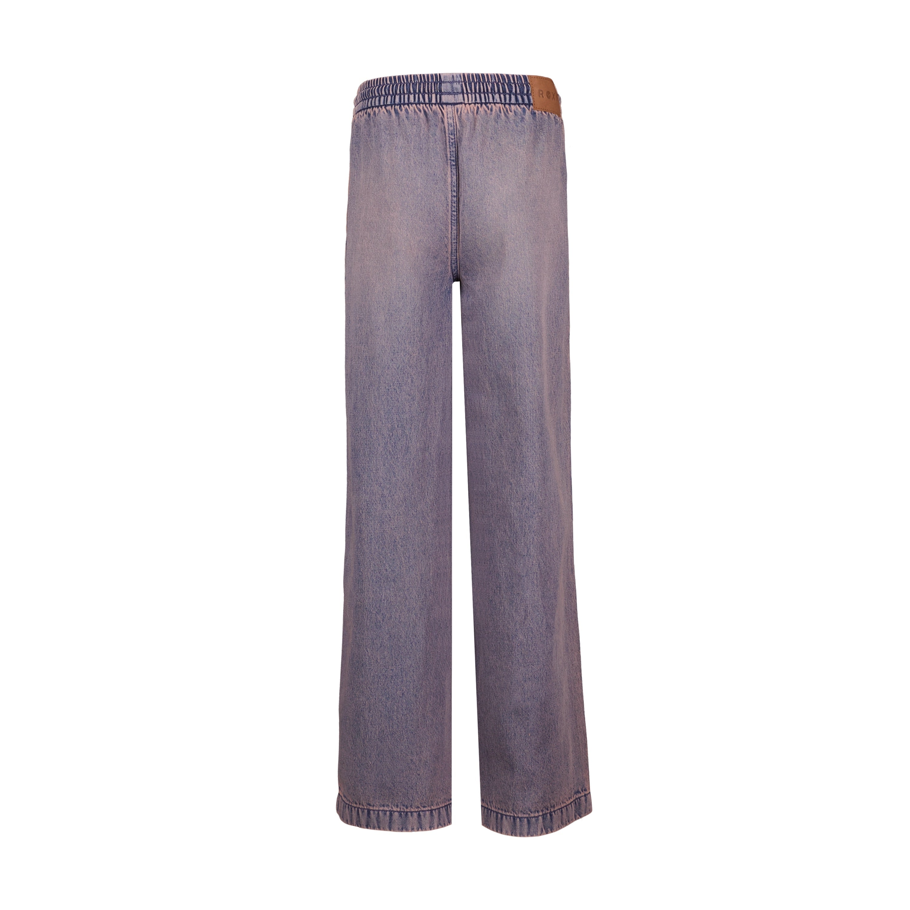 Back view of Roxy Girls' Denim Himalayan Pant in blue, featuring an elastic waistband and wide legs, displayed against a white background.