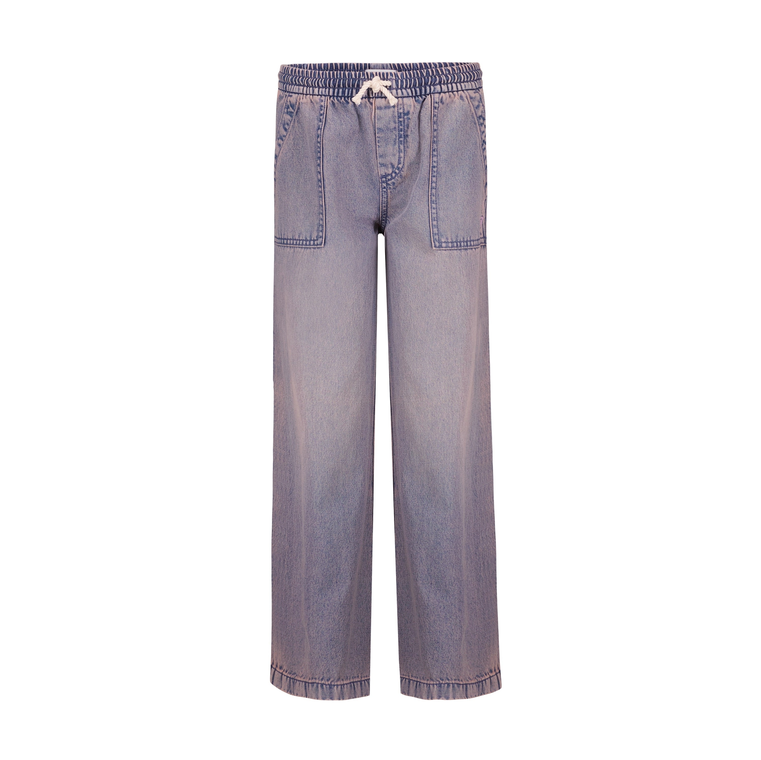 The Roxy Girls' Denim Himalayan Pant features a light blue wash, elastic waistband with white drawstring, large front patch pockets, and wide legs, shown on a white background.