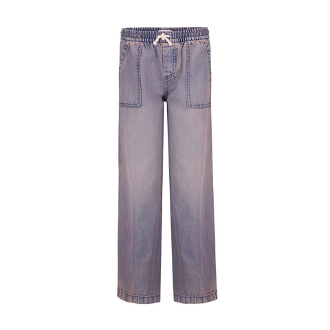 The Roxy Girls' Denim Himalayan Pant features a light blue wash, elastic waistband with white drawstring, large front patch pockets, and wide legs, shown on a white background.