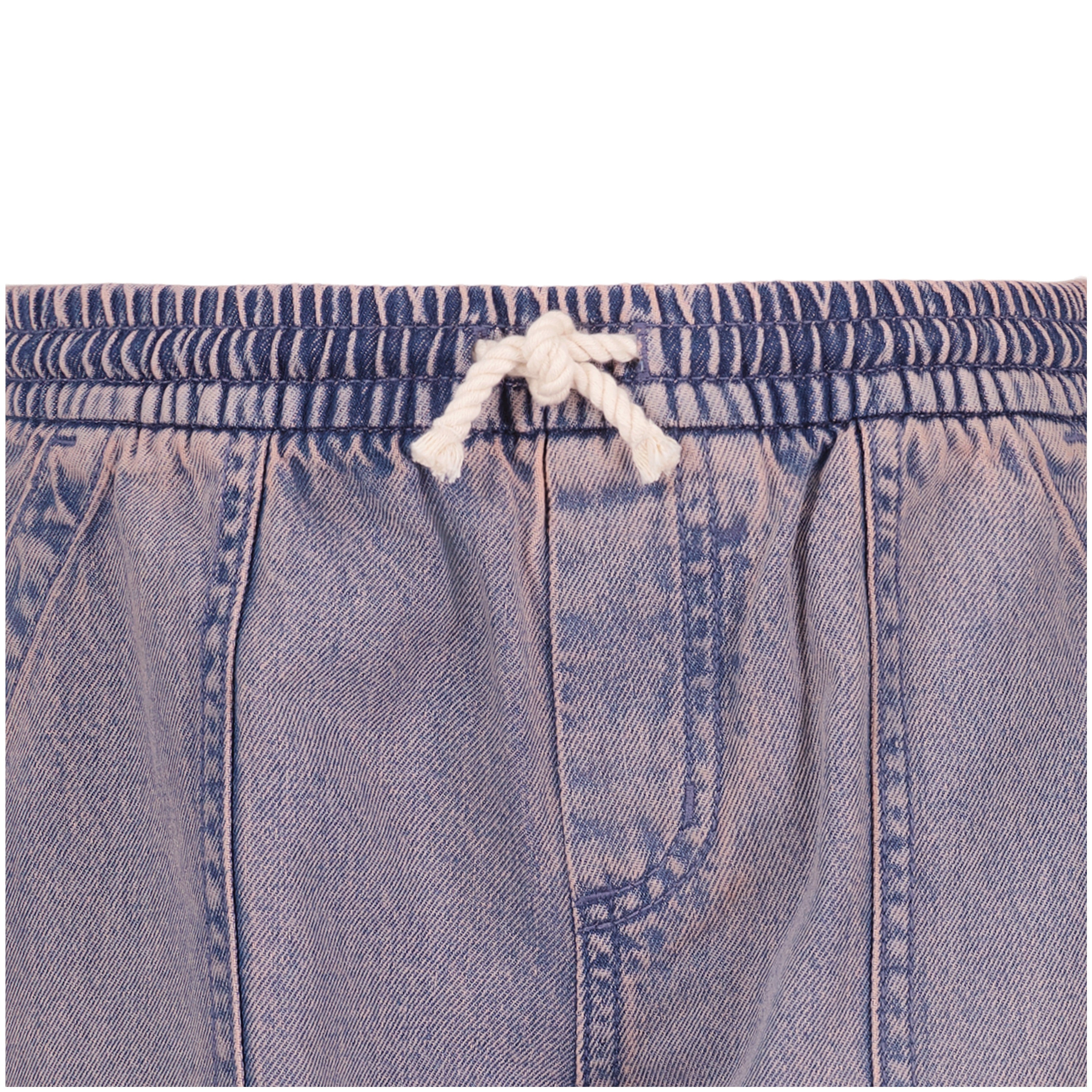 Close-up of the Roxy Girls' Denim Himalayan Pant, featuring an elastic waistband with a white drawstring and visible stitching—perfect for effortless, pull-on comfort.