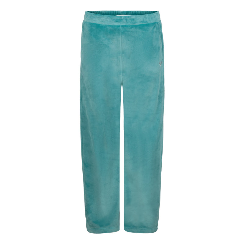Roxy Girls’ Velour Pant in teal, featuring a relaxed fit and an elastic waistband.