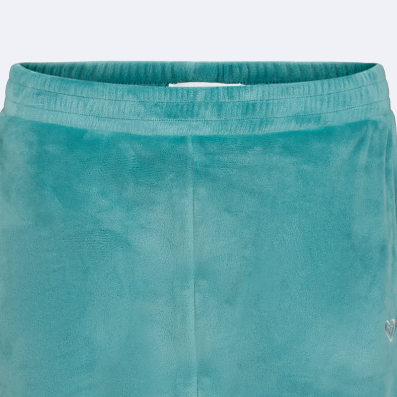 Close-up of the elastic waistband on teal Girls’ Velour Pant.