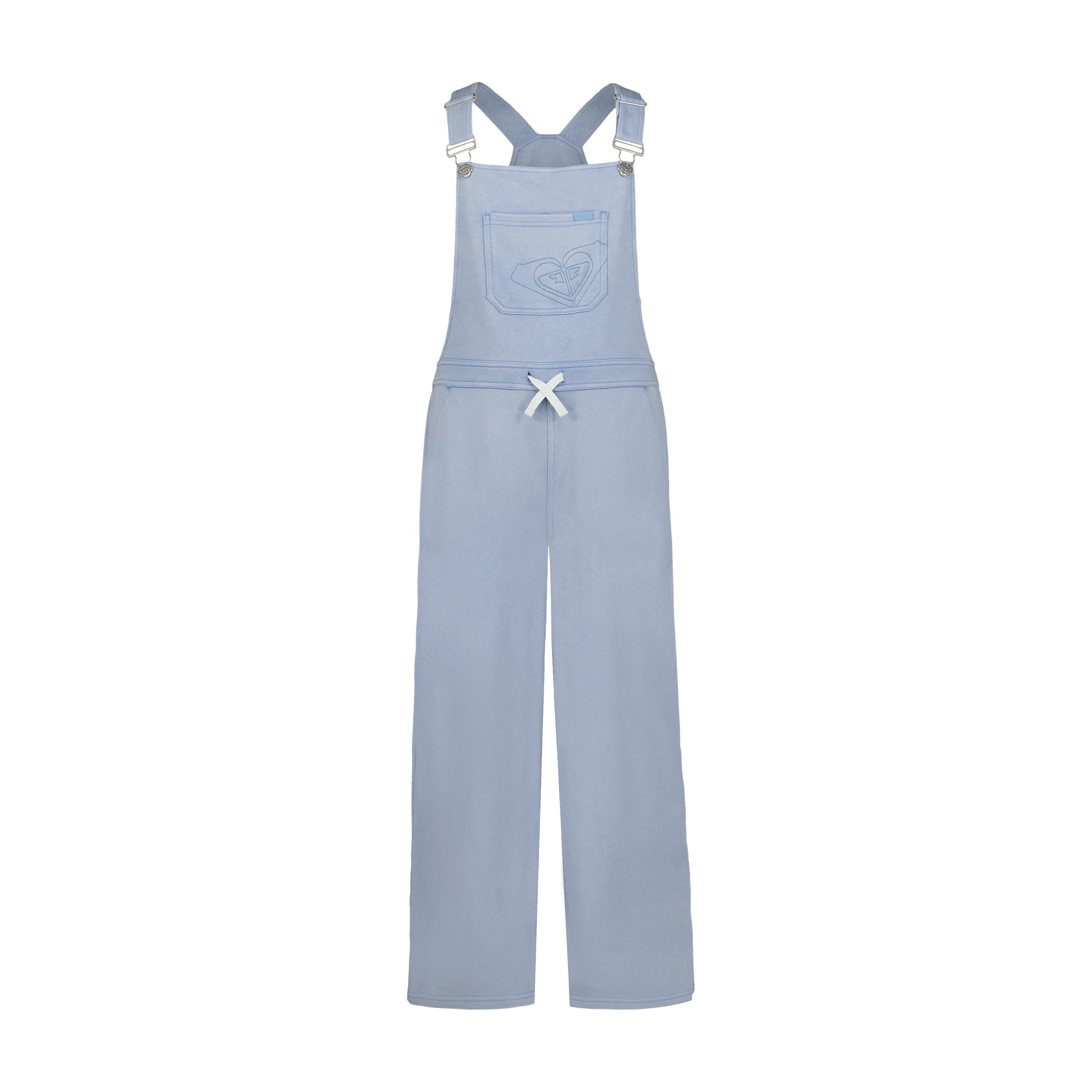 The Girls' Coastline Overall by Roxy features light blue, soft cotton-poly French terry, adjustable straps, a front chest pocket with stitched heart, a white waist bow, and straight full-length legs.