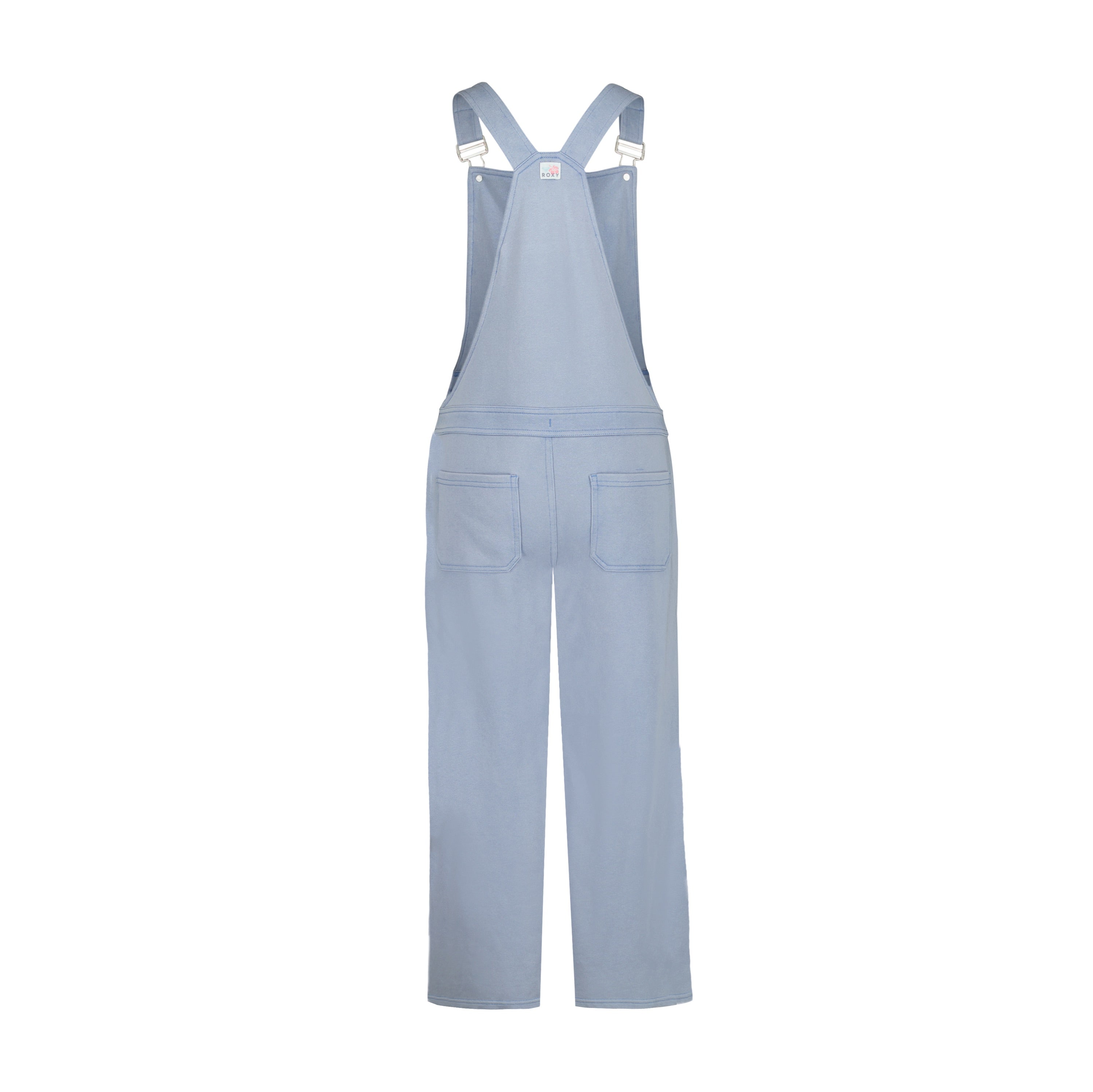 Roxy Girls' Coastline Overall in light blue, made from soft cotton-poly French terry, features adjustable straps, front chest bib, and two back pockets. Shown from the back on a white background.