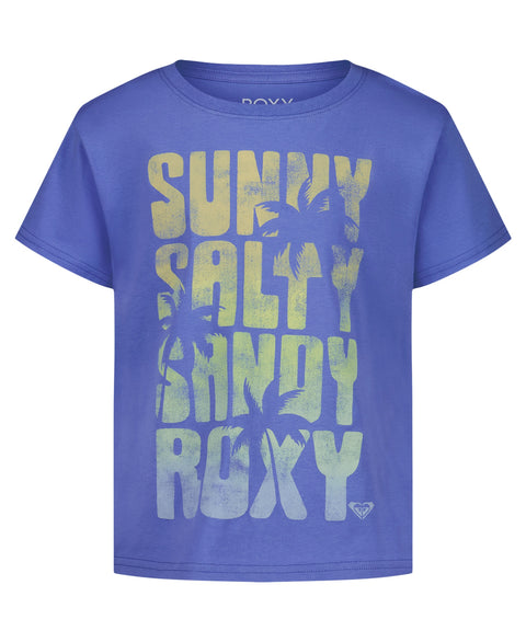 The Roxy Girls' Sunny Salty Sandy Tee is a blue short sleeve cotton crewneck with palm tree graphics and large faded yellow and white "SUNNY SALTY SANDY ROXY" lettering—perfect for sunny days.