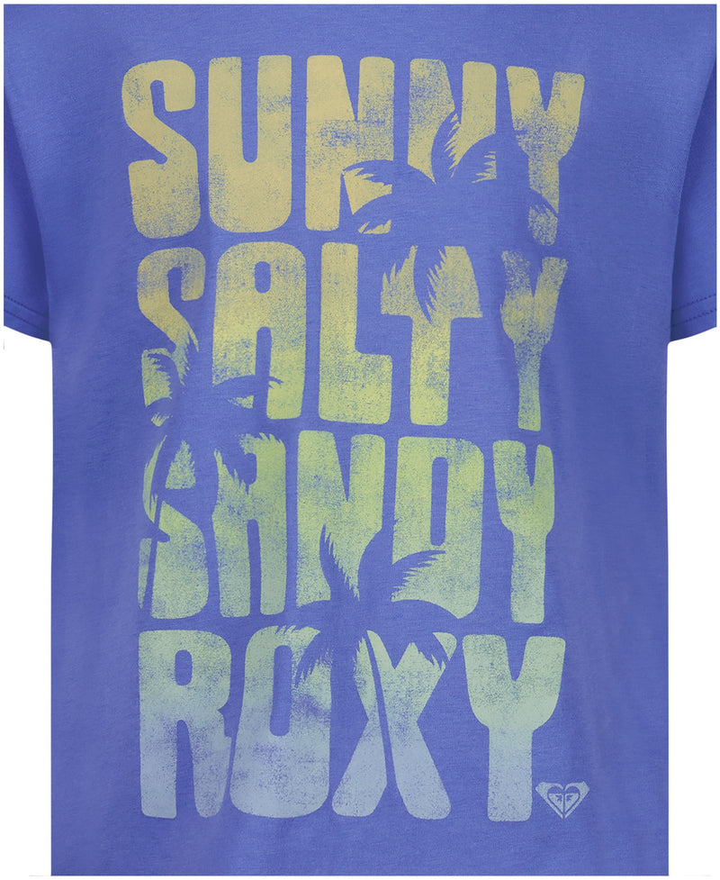 The Roxy Girls' Sunny Salty Sandy Tee is a blue cotton jersey crew neck with bold, distressed yellow and white “SUNNY SALTY SANDY ROXY” text and palm tree silhouettes—a stylish pick for laid-back days.