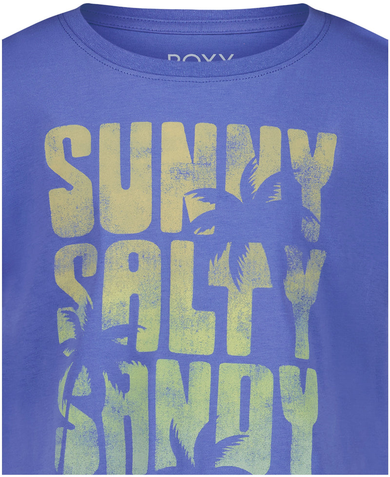 The Roxy Girls' Sunny Salty Sandy Tee is a blue cotton jersey crew neck with faded yellow text and palm tree silhouettes—perfect for laid-back days.