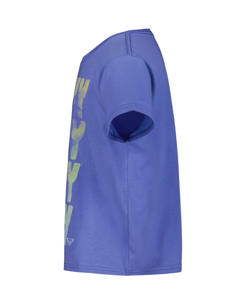 Side view of the Roxy Girls' Sunny Salty Sandy Tee in violet, showcasing partially visible yellow and white text on the front. The soft cotton jersey crew neck t-shirt is shown against a plain white background.