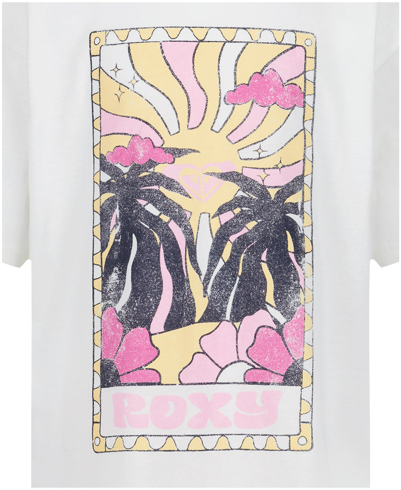 The Girls' Sun-Kissed Oversized Tee by Roxy features two black palm trees, pink flowers, and clouds with a yellow sun on a white cotton jersey. "Roxy" appears at the bottom in pink bubble letters.