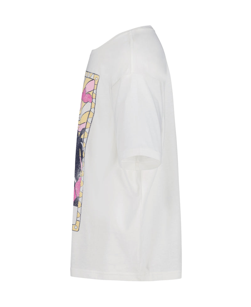 Side view of the Roxy Girls' Sun-Kissed Oversized Tee in white cotton jersey, featuring a colorful rectangular graphic with pink, yellow, and blue accents on the front left; back and right side remain plain.