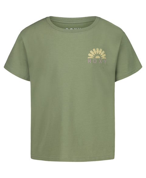 The Girls' Sun Mosaic Tee by Roxy features light olive green soft cotton jersey, a small yellow sunburst graphic, and a pastel Roxy logo on the left chest. This oversized boyfriend crew tee offers effortless everyday comfort.