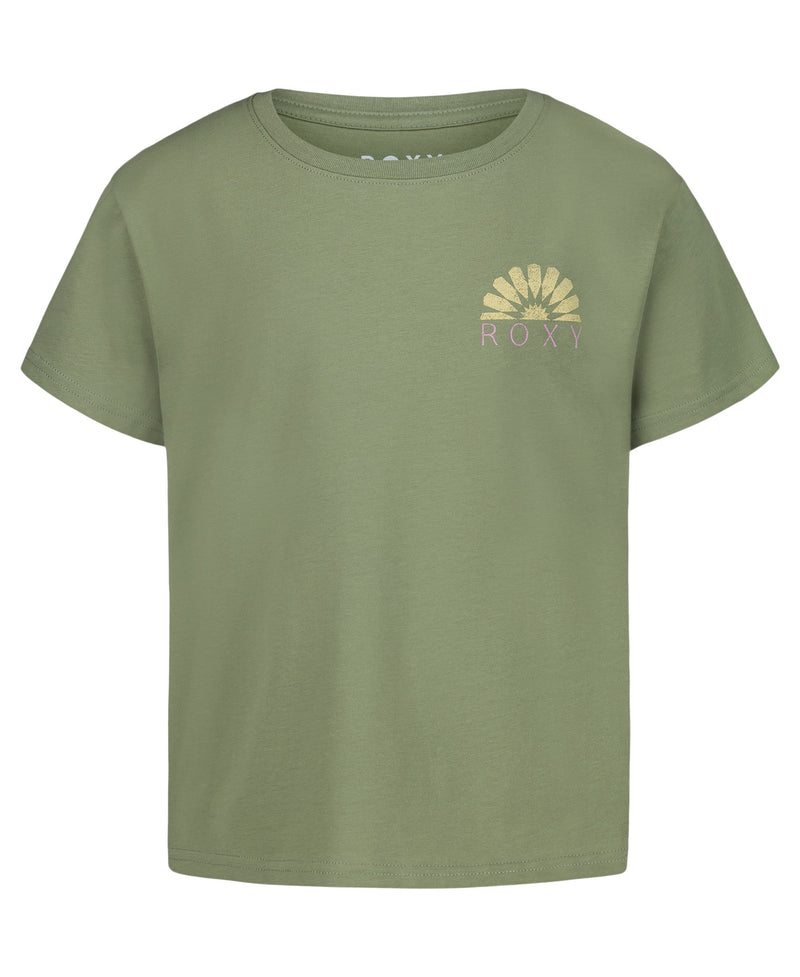 The Girls' Sun Mosaic Tee by Roxy features light olive green soft cotton jersey, a small yellow sunburst graphic, and a pastel Roxy logo on the left chest. This oversized boyfriend crew tee offers effortless everyday comfort.