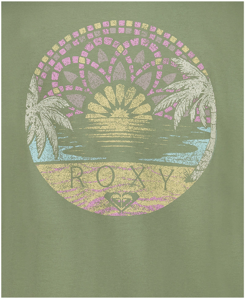 Circular graphic with a sunset, palm trees, patterns, and faded pastel ROXY logo with heart on green—perfect for the Girls' Sun Mosaic Tee by Roxy in soft cotton jersey.