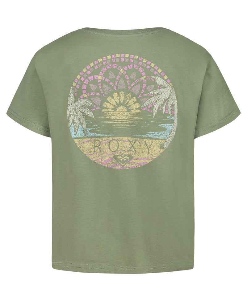 The Girls' Sun Mosaic Tee by Roxy features an olive green, oversized crew style in soft cotton jersey with a large pastel sunset, palm trees, calm ocean graphic on the back and subtle Roxy branding below.