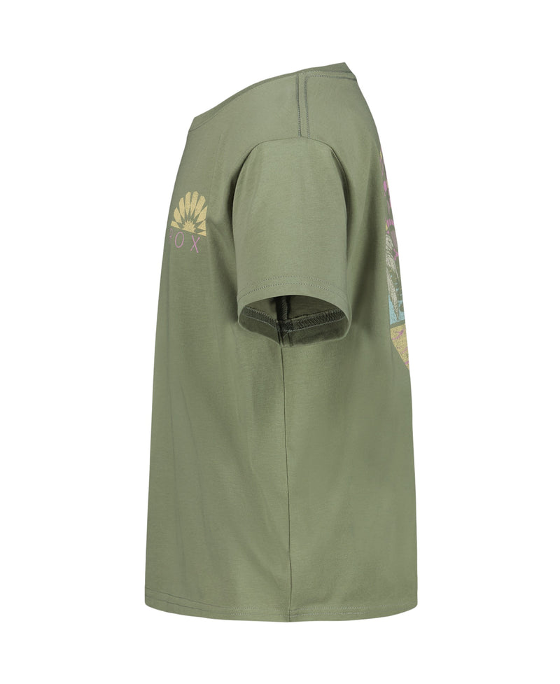 Side view of the Girls' Sun Mosaic Tee by Roxy, an olive green cotton jersey oversized boyfriend crew with a subtle left shoulder graphic and part of a colorful back design, shown against a white background.