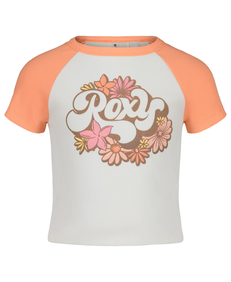 The Girls Stay Groovy Baby Tee by Roxy features short sleeves and a fun floral graphic—perfect for adding a playful touch to her wardrobe.
