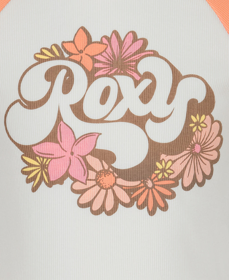 The image features "Roxy" in bold retro lettering with pink, orange, and yellow flowers on a light background—just right for the Girls Stay Groovy Baby Tee by Roxy.