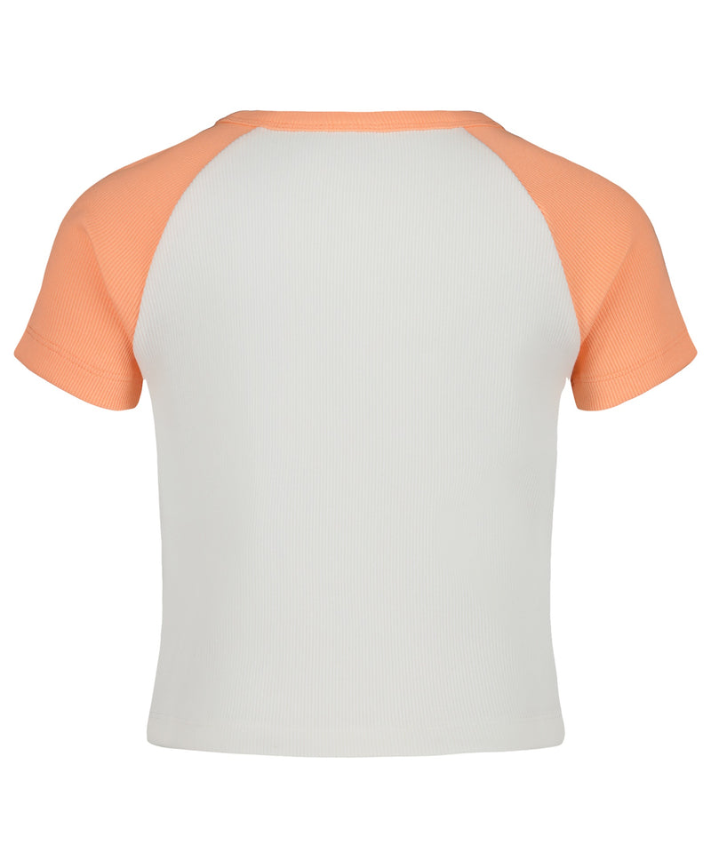 The Roxy Girls Stay Groovy Baby Tee features a white body with ribbed, light orange raglan sleeves, shown from the back against a plain background.